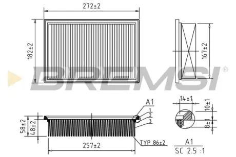 Фильтр воздушный (275x184x57.3) Land Rover Freelander 2 2.2 SD4/TD4 / 3.2 06-14 BREMSI FA1134