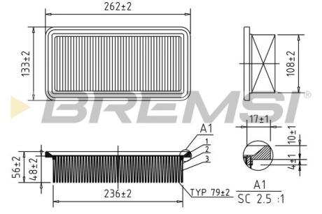 Фильтр воздушный (265x134x56) Hyundai Accent III Kia Rio II 1.4/1.6 05-10 BREMSI FA1204 (фото 1)