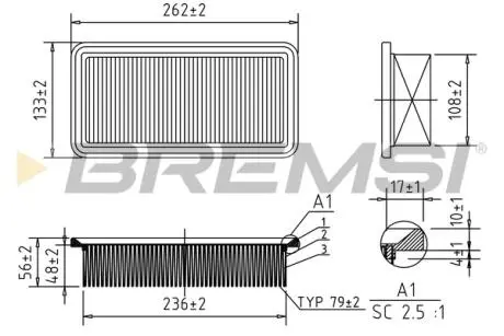 Фильтр воздушный (265x134x56) Hyundai Accent III Kia Rio II 1.4/1.6 05-10 BREMSI FA1204