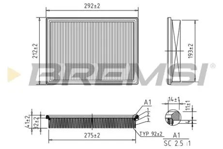 Фильтр воздушный (292x212x40.2) Jeep Cherokee Grand Cherokee 2.5-3.0 CRD 3.6-6.1 BREMSI FA1342