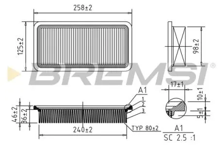 Фильтр воздушный (256x124x45.9) Hyundai Getz (TB) 1.1-1.6 02-10 BREMSI FA1364