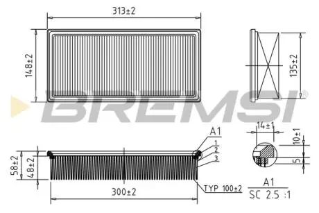 Фільтр повітряний Ford Transit 2.0/2.5DI/TD 91-00 (довгий) BREMSI FA1369