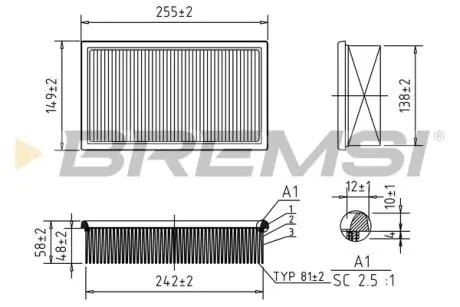 Фильтр воздушный (256x150x57) BMW 1.6-5.0 81-00 BREMSI FA1626