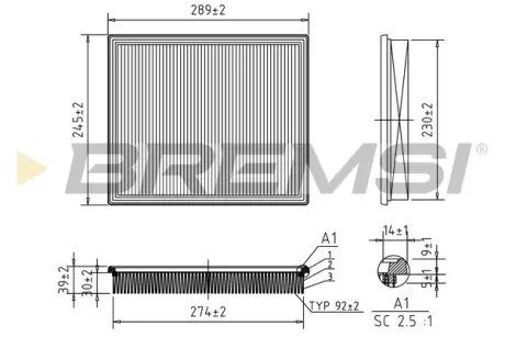 Фильтр воздушный (290x246x39.3) Jeep Grand Cherokee Nissan Pathfainder 88- BREMSI FA1673