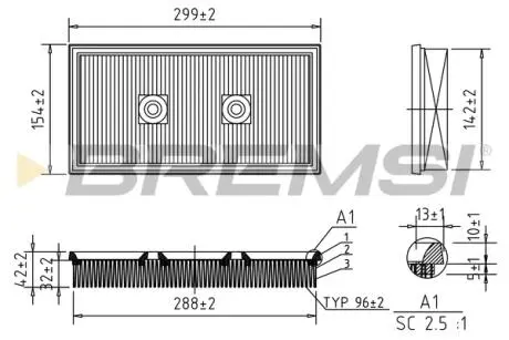 Фильтр воздушный (305x156x42.1) VW Golf V Polo Touran 1.4-1.6 FSI 02-07 BREMSI FA1697