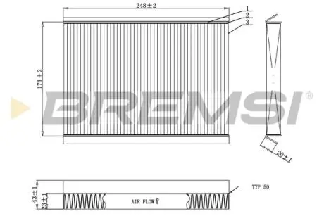 Фильтр салона (248x171x23) Hyundai i30 Kia Pro CeeD 06-18 BREMSI FC0929