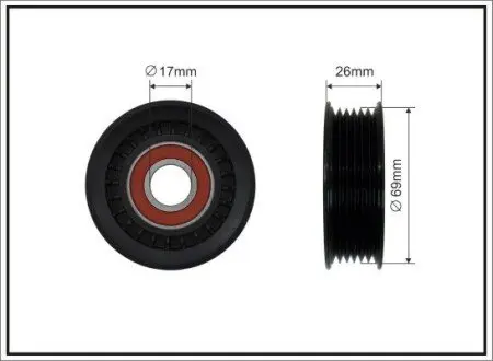 Ролик проміжний поліклинового ремня Ford B-Max/C-Max/II/Fiesta VI/VII/Focus II/III/Grand C-Max/Ka+/Tourneo Connect V408, Volvo C30/S40 II/V50 1.0-2.0LPG 04.04- 69x17x22,5 CAFFARO 500219