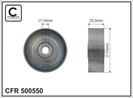 Ролик натяжного механізму поліклинового ремня Dodge Nitro, Jeep Cherokee/Wrangler III, Hyundai Equus/Centennial/Genesis/Grandeur/Sonata V, Kia Opirus/Sorento I/II/III 3.3/3.5/3.8 01.05- 70x10x25,5 CAFFARO 500550