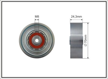 Ролик проміжний поліклинового ремня Citroen BX/Visa, Peugeot 205/205 I/205 II/305 II/309 I/309 II/405 I/405 II 1.7D/1.8D/1.9D 10.82-09.98 70x8x24.3 CAFFARO 500560