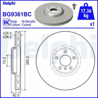 Диск тормозной (передний) BMW X5/X6 06- (385x36) (L) (с покрытием) (вент.) Delphi BG9361BC (фото 1)