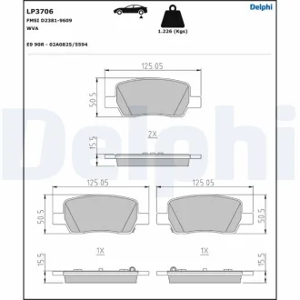 Комплект гальмівних колодок задн/передн, HYUNDAI SANTA FE IV, SANTA FE V KIA CARNIVAL IV, SORENTO IV 1.6H-3.5 07.19- Delphi LP3706