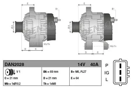 Генератор (14В, 40А) YANMAR JOHN DEERE 110, 27D, 35G DENSO DAN2028
