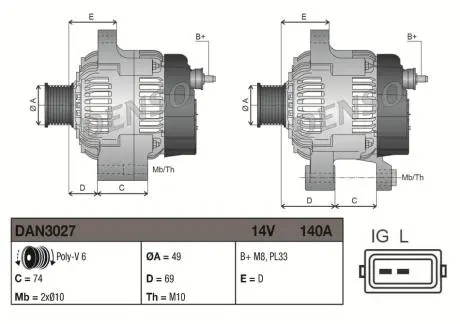 Генератор (14В, 140А, новий) BMW X5 (E53) 3.0 04.00-10.06 DENSO DAN3027