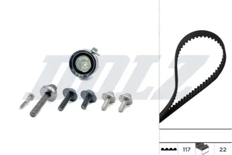 Комплект ГРМ (ремінь + ролик) VOLVO C30, S40 II, V50, FORD B-MAX, C-MAX, C-MAX II, ECOSPORT, FIESTA V, FIESTA VI, FOCUS C-MAX, FOCUS II, FOCUS III, FUSION, GRAND C-MAX, KUGA II 1.25-1.6LPG 11.01- DOLZ SKD070