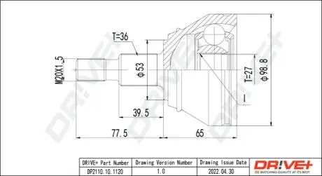 ШРКШ (зовнішній) Audi A3 96-03/Skoda Octavia 00-10/Seat Leon/VW Golf 97-06 (36z/27z/53mm/98mm/40mm) Drive+ DP2110101120