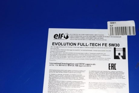 Олива 5W30 Evolution Full-Tech FE (208L) (C4/RN 0720/MB226.51) ELF 194811