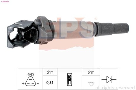 Котушка запалювання BMW 3 (E90) 323i/330i /5 (E60, F10)/7 (F01,F02,F03)/X5 (E70)/Peugeot 207, 308, 508 EPS 1.970.475