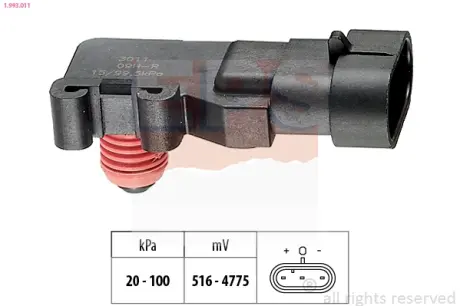 OPEL датчик тиску в впускному колекторі Astra G/H 01-,Combo,Vectra C, Daewoo Leganza 97-,Renault Kangoo EPS 1.993.011 (фото 1)