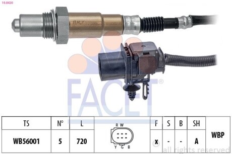 Датчик кисню (лямбда-зонд) (5 конт./720 мм)) Ducato 2.3D 10-/Connect 1.0 13- FACET 10.8420 (фото 1)