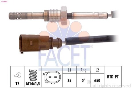 Датчик температури вихлопних газів VW T5 2.5D 03-09 (перед каталізатором) FACET 22.0065 (фото 1)