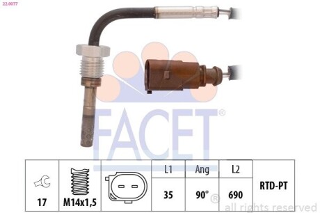 Датчик температуры выхлопных газов VW Caddy 1.9/2.0 TDI 04-10 / T5/T6 1.9/2.0 TDI 06-> FACET 22.0077