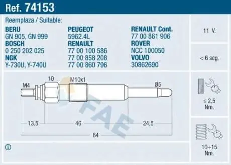 Свеча накаливания FAE 74153