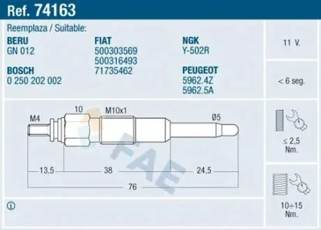 Свіча розжарювання FAE 74163