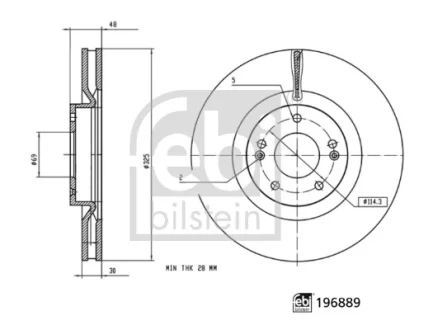 Диск гальмівний передн Лів/Прав HYUNDAI KONA, SANTA FE IV, SANTA FE IV/SUV, SANTA FE V, SANTA FÉ III KIA SORENTO IV 1.0-3.5 07.18- FEBI BILSTEIN 196889