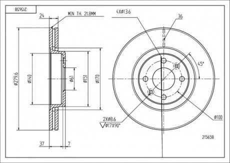 Диск гальмівний /P/LAGUNA 1.6I,1.8I 98- Hart 215658