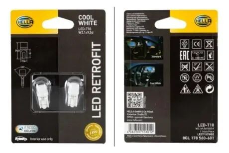 Лампа LED RETROFIT LED, 12V, W2.1x9.5d 1W 5000K 65л.m (блістер 2шт) HELLA 8GL178560-601