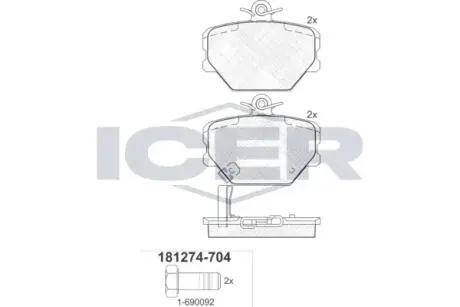 Гальмівні колодки, дискове гальмо (набір) ICER 181274704