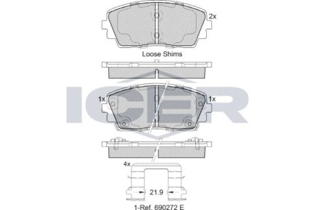 Гальмівні колодки, дискове гальмо (набір) ICER 182034