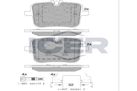 Колодки гальмівні (задні) BMW 5 (G30/F90)/7 (G11/G12)/8 (G15/F92)/X5 (G05)/X6 (G06)/X7 (G07) 17- ICER 182308 (фото 1)