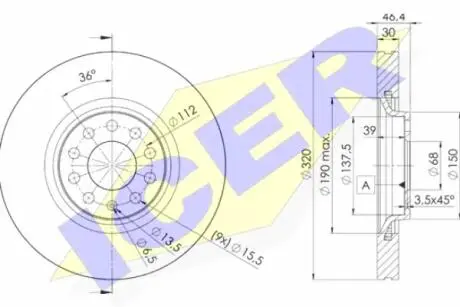Диск гальмівний (передній) Audi A4/A6 97-09/Seat Exeo 08-13 (321x30) (з покриттям) (вент.) ICER 78BD3615-2