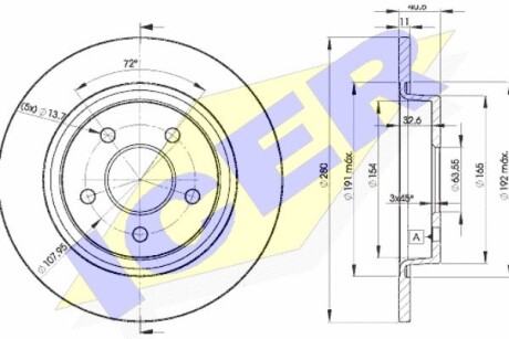 Диск тормозной (задний) Ford C-Max 07-10/Focus 04-/Volvo C30/S40/V50 04-12 (280x11) (с покр)(полный)) ICER 78BD39622 (фото 1)