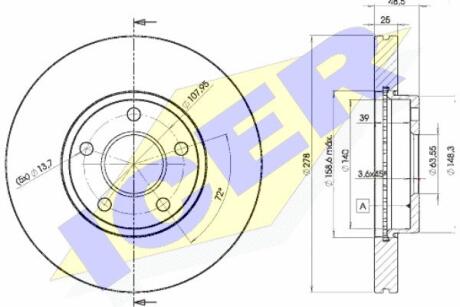 Диск гальмівний (передній) Ford C-Max 07-10/Focus/Volvo C30/C70/S40 04-12 (278x25)(з покр.)(вент.) ICER 78BD3963-2