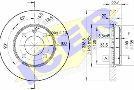 Диск гальмівний (передній) VW Golf 76-99/Passat 81-88/Polo 95-01/Seat Ibiza 93-(239x20)(з покр)(вент) ICER 78BD39752 (фото 1)