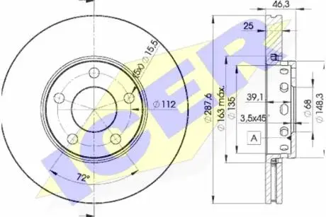 Диск гальмівний (передній) Audi A4/A6/VW Passat 95-08/Skoda Superb 02-08 (287.7x24.9)(з покр.)(вент.) ICER 78BD40632