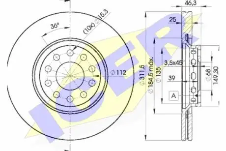 Диск гальмівний (передній) Audi A4/A6 97-09/Skoda Superb 02-08/VW Passat 98-05 (312х25)(з покр)(вент) ICER 78BD40652