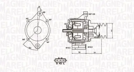 Генератор (12В, 70А) TOYOTA HIACE IV, HILUX VI 2.4D 08.95-01.02 MAGNETI MARELLI 063731367010