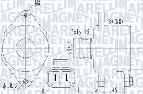 Генератор (14В, 70А) HYUNDAI I10 I, I20 I, IX20 1.2/1.2LPG/1.4 09.08-07.19 MAGNETI MARELLI 063732128010