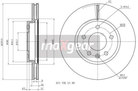 Диск гальмівний пер. Opel Astra J 09-> (300mm26mm) MAXGEAR 19-2332