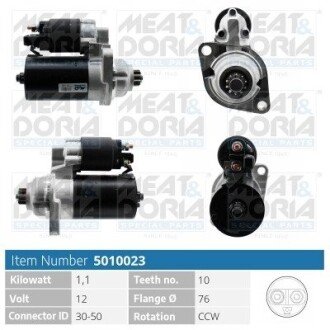 Стартер Seat Ibiza/Leon/Skoda Fabia/Octavia/VW Golf/Sharan 1.8/2.0 96-10 (1.1kw) (z=10) = 112005 MEAT&DORIA 5010023