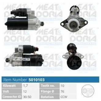 Стартер VW Passat 3.2/3.6 TDI/Golf V/VI 1.9/2.0 TDI 05-13 (12V/1.7kw) (z=10) = 113509 MEAT&DORIA 5010103