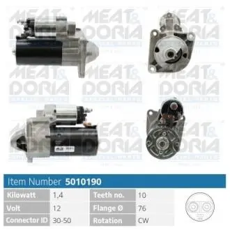 Стартер Fiat Doblo/Punto/Brava/Bravo 1.9JTD 96- (1,4kw) (z=10) MEAT&DORIA 5010190