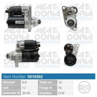 MEATDORIA AUDI Стартер A2 (8Z0) 1.4 00-05, SEAT CORDOBA (6L2) 1.4 16V 02-07, SKODA FABIA I (6Y2) 1.4 16V 99-08, VW GOLF IV (1J1) 1.6 FSI 02-05 MEAT&DORIA 5010302