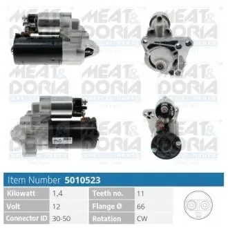 Стартер Renault Megane III/Scenic III 1.9 dCi 08-16 (12V/1.4kw) (z=11) = 114869 MEAT&DORIA 5010523