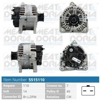 Генератор Renault Megane II 1.9 dCi 03- (14V/110A) = 115310 MEAT&DORIA 5515110