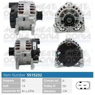 Генератор Skoda Fabia/Roomster/VW Polo 1.2 01-15 (14V/90A) = 113253 MEAT&DORIA 5515232
