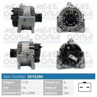 Генератор Dacia Duster/Logan 06-/Renault Megane II/Scenic II 1.6 16V 03-09 (14V/110A) = 115766 MEAT&DORIA 5515290